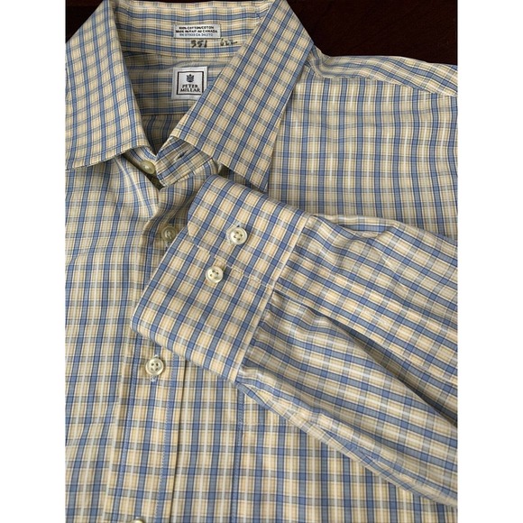 Peter Millar Shirt Men 2XL XXL 18 Long Blue Yellow Plaid Button Down Long Sleeve - Picture 1 of 7